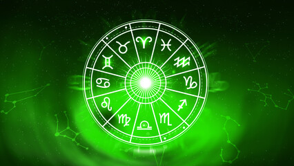 Concept of astrology and horoscope, person inside a zodiac sign wheel, Astrological zodiac signs inside of horoscope circle, Astrology, knowledge of stars in the sky, power of universe concept.