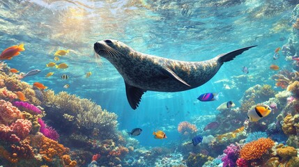 Naklejka premium A large seal gliding through crystal-clear waters near a coral reef, with vibrant fish swimming around it.