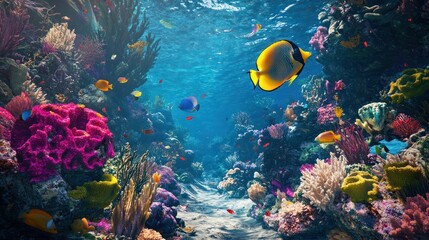 Naklejka premium Dive into a colorful coral reef bustling with a variety of fish species swimming amidst the vibrant corals and marine life