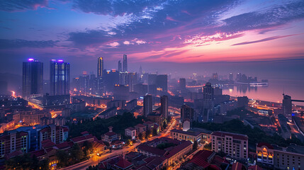 Obraz premium Seaside City Nightscape Under the Sunset