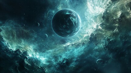 A large planet with a turquoise atmosphere sits in a nebula, surrounded by gas and dust.