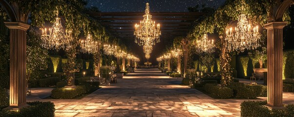 An opulent outdoor ballroom with crystal chandeliers hanging from trellises, elegant stone flooring, and manicured gardens under the stars