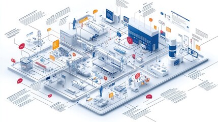 Infographic illustrating a medical facility layout and equipment.