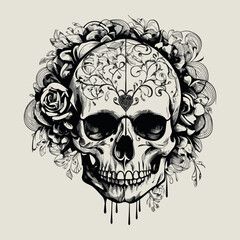Fototapeta premium Drawing of a skull with flowers on it vector illustration generative ai