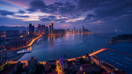 Obraz premium Seaside City Nightscape Under the Sunset