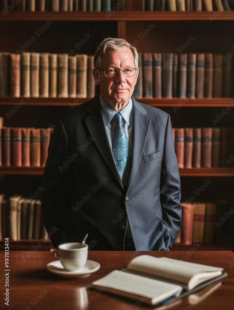 Poster the professor poses in front of a large bookshelf filled with books, embodying a scholarly presence 