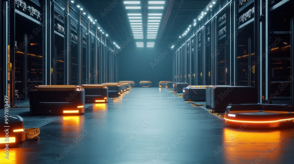 Poster futuristic warehouse with autonomous robots and illuminated pathways for efficient logistics.