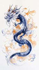 Fototapeta premium An intricate, hand-drawn blue dragon entwined with colorful smoke, showcasing detailed scales and elegant curves against a white background.