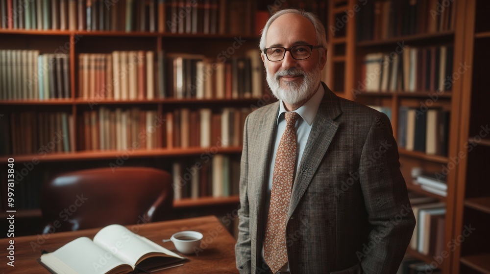 Poster a professor, dressed in a suit, poses confidently beside a table with a cup while surrounded by a va