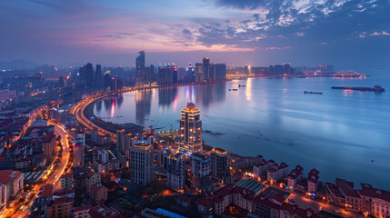 Seaside City Nightscape Under the Sunset