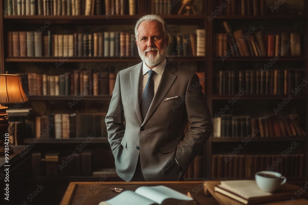 Poster a distinguished professor in a tailored suit confidently poses in front of an extensive bookshelf, s