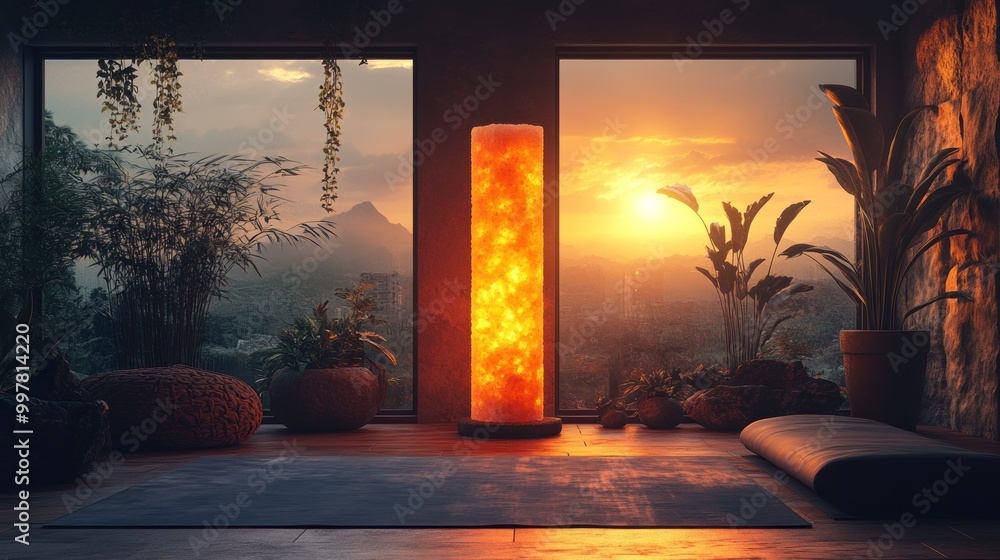 Wall mural serene interior with a glowing lamp and sunset view.