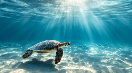 Obraz premium Serene Sea Turtle Gliding in Shallow Waters with Sunlight Filtering Through, Casting a Shadow on Ocean Floor