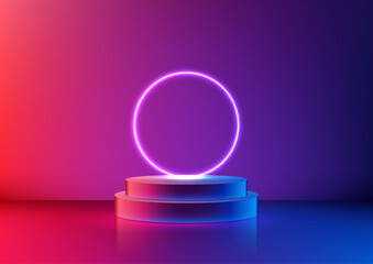 Futuristic Neon Podium for Technology Product Display, Vibrant Circle Backdrop, Perfect for Modern Mockup and Showroom Presentations