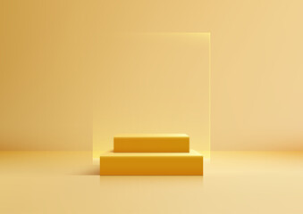 Minimalist 3D Yellow Podium with Transparent Glass Panel, Perfect for Modern Product Display, Mockup, and Showroom Showcase