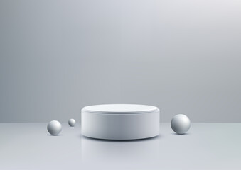 Minimalist 3D White Podium with Spheres on Neutral Gray Background for Product Display and Mockups