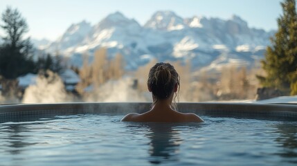Fototapeta premium Woman in outdoor hot tub with snowy mountain backdrop.