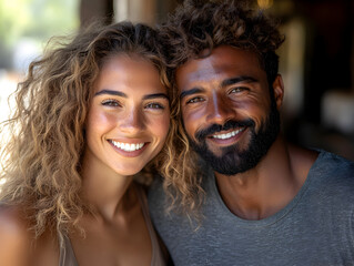 Joyful Smiling Couple Embracing Happiness Outdoors in Summer Vibes