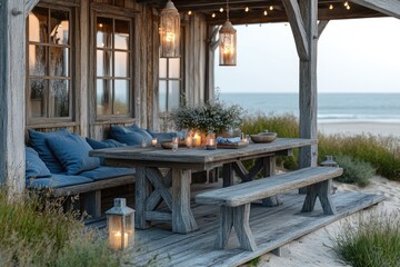 Rustic outdoor dining setup with ocean view