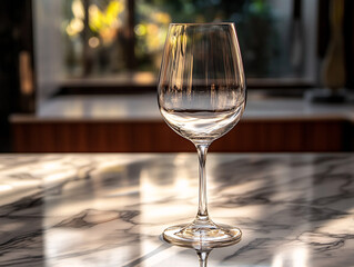 Obraz premium empty wine glass on marble table in sunlit room