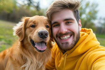 A joyful selfie of a young man with his golden retriever