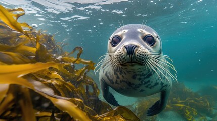 A seal popping its head above the water, surrounded by floating kelp, with its nostrils flaring and whiskers glistening.