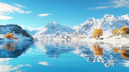 Scenic snowy mountains reflecting in clear blue lake under bright sky.