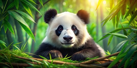 A cute panda bear relaxes peacefully beneath vibrant green bamboo, enjoying its tranquil natural habitat that radiates