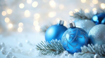Shiny Snowflakes and Baubles on Christmas Blurred  Background