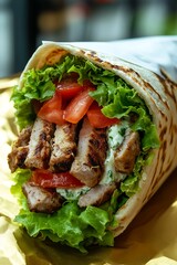 Close-up of a Delicious Grilled Chicken Wrap with Fresh Lettuce and Tomatoes.