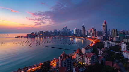 Seaside City Nightscape Under the Sunset
