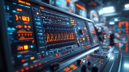 Naklejka premium High-tech control panel with glowing interfaces and data displays.