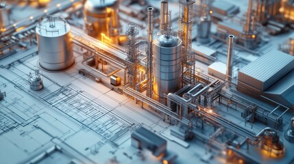 Manufacturing factory 3D model on top of architectural blueprints