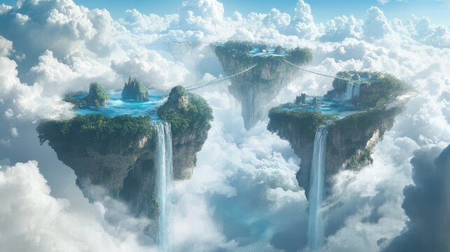 Magical Floating Islands illustrated in a sky-bound fantasy, with islands connected by magical bridges and waterfalls flowing into the clouds