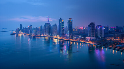 Fototapeta premium Seaside City Nightscape Under the Sunset