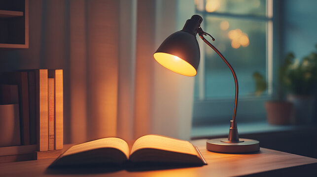 warm cozy book and desk lamp with stack of books in a home office setting