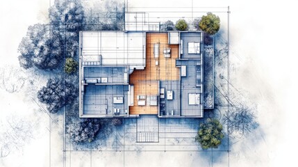 Overhead shot of a very detailed house blueprint, house plan with all elements present.