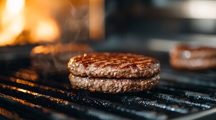 Juicy hamburger patties sizzling on a grill, showcasing perfect grill marks and steam rising, signaling a delicious cooking process.