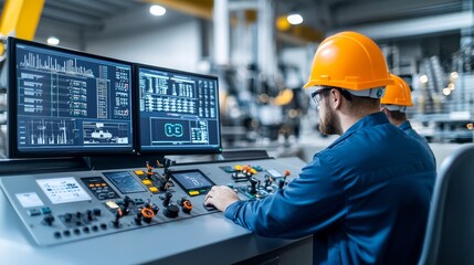 An engineer monitoring control panels with screens and machinery in a modern industrial environment.