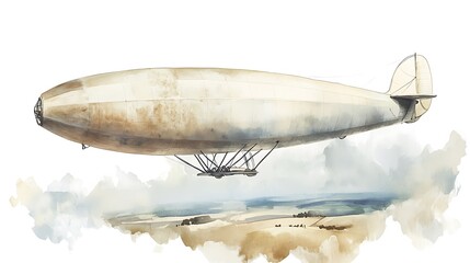 Watercolor Illustration of a Vintage Airship Flying Over a Scenic Landscape.