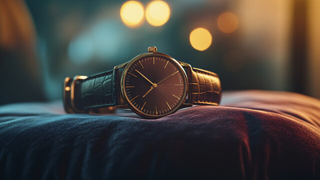 luxury gold watch with leather band on purple velvet couch