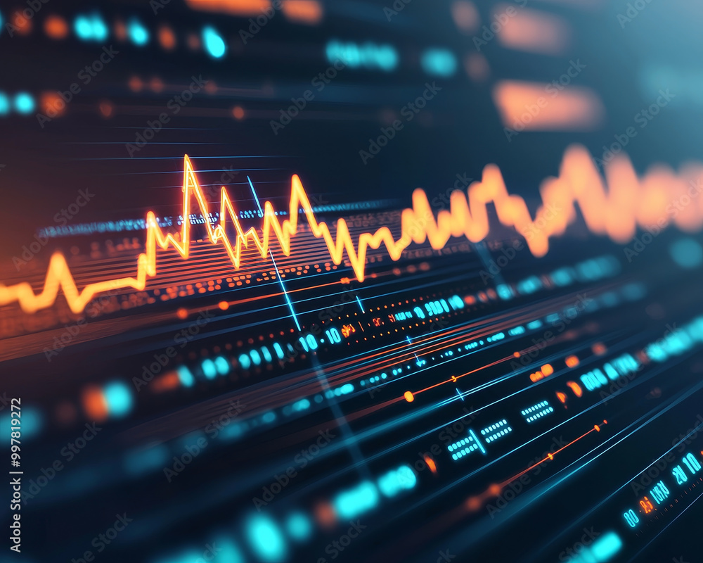 Poster close up of sound vibrations on digital screen showcasing vibrant waveforms and data patterns, illus