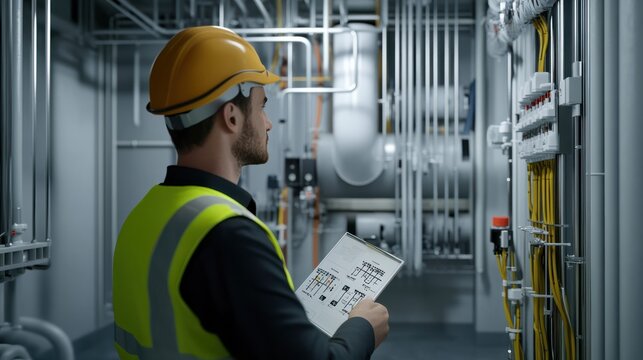 Precision measurements are taken by the engineer to ensure the accuracy of electrical wiring and plumbing installations.