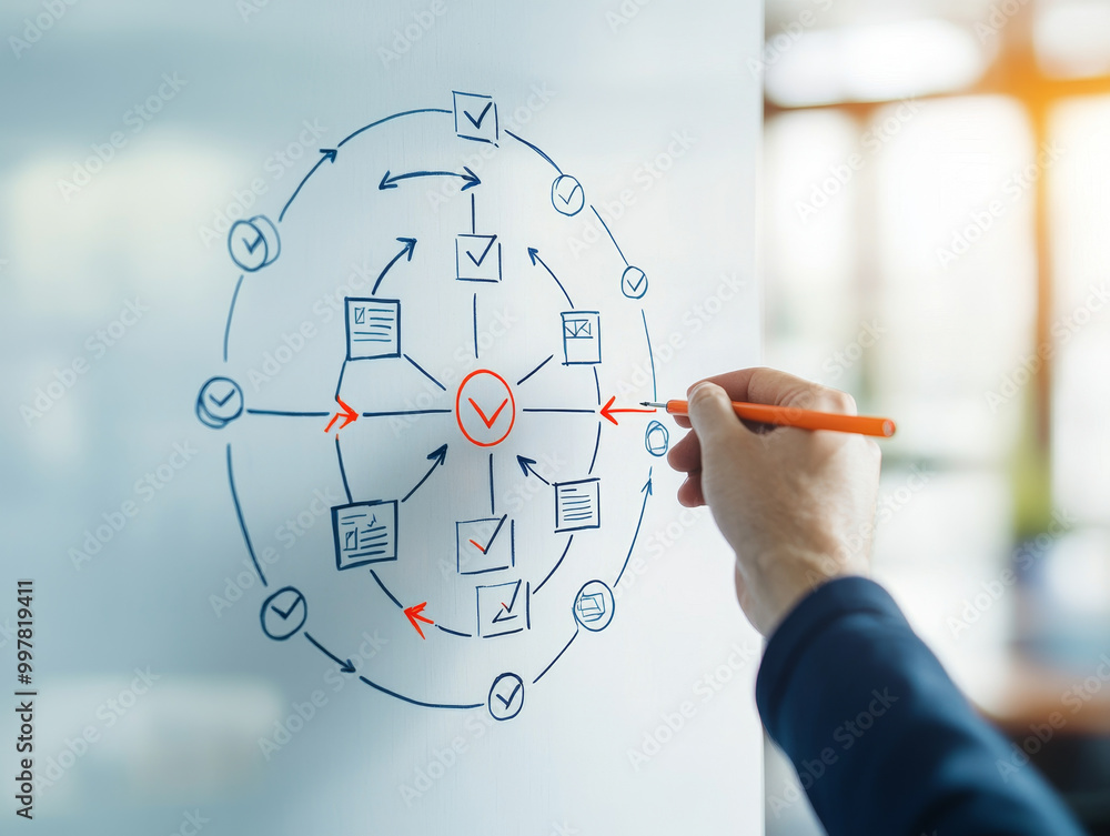 Poster a hand is drawing circular flowchart on whiteboard, illustrating process with arrows and checkmarks,