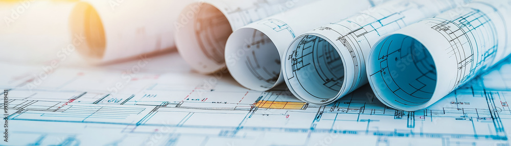 Poster close up of architectural blueprints laid over busy workspace, showcasing intricate designs and deta