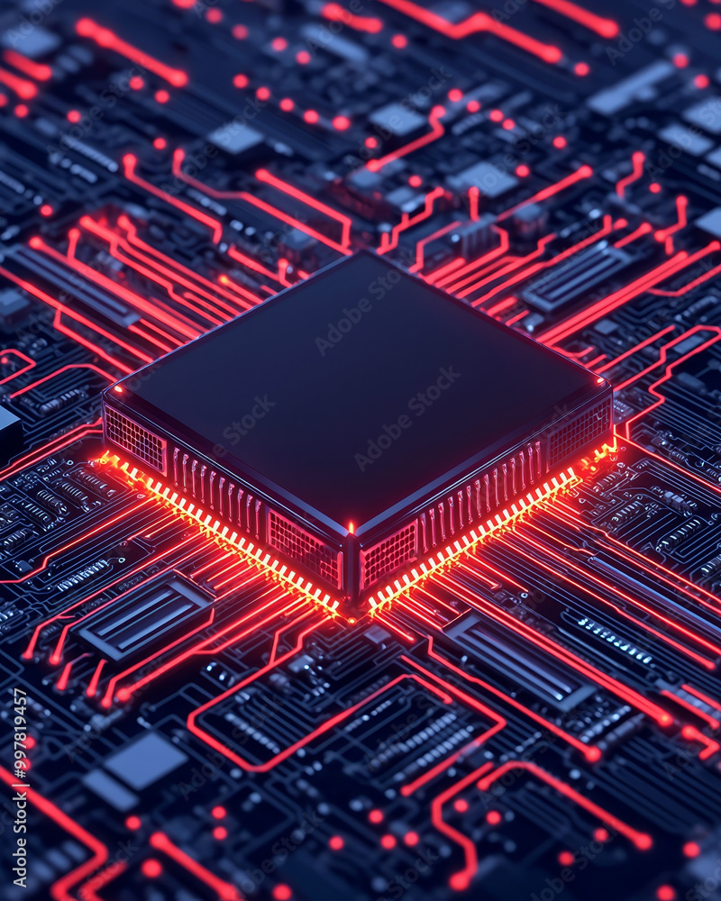 Poster a digital fortress concept featuring central microchip surrounded by intricate circuitry and glowing