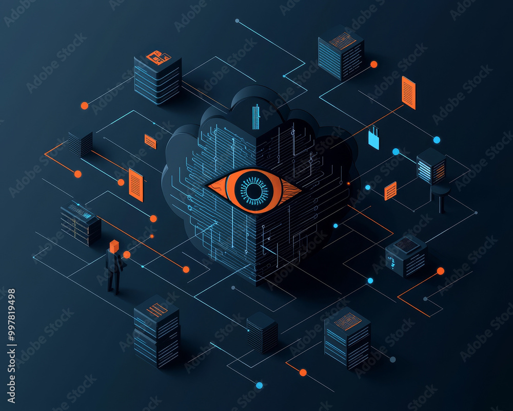 Poster a digital eye monitoring data flow in cloud, showcasing interconnected servers and data points. this