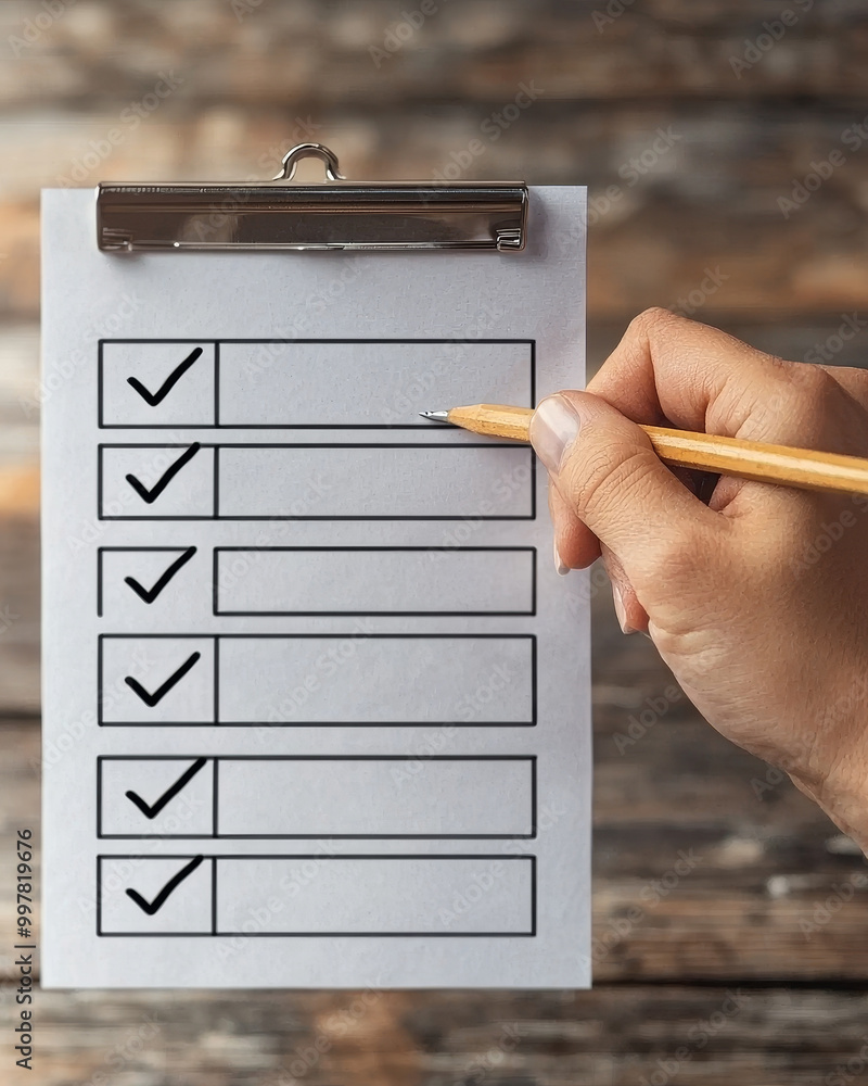 Poster a hand is crossing off tasks on paper checklist, showcasing focus and productivity. checklist is nea