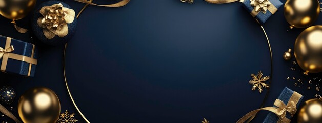 Merry Christmas Celebration banner with festival balloons Christmas decoration and gift boxes - Blue background with golden ribbons and wrapped gifts with copy space