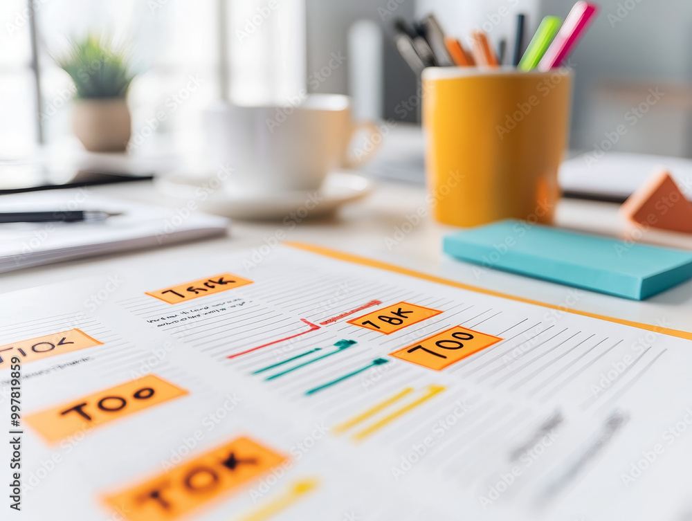 Poster a prioritized to do list with colorful highlighters and stationery on desk, creating an organized wo